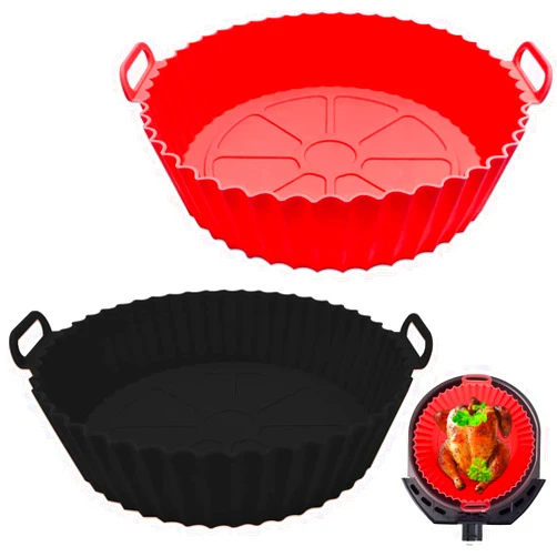 Asommet Air Fryer Silicone Pot, 2Pcs Air Fryer Accessories Reusable Air Fryer Silicone Basket Replacement for Disposable Parchment Paper Liner Fits 3.6 To 6.8QT Air Fryer(8 inch - Red & Gray)