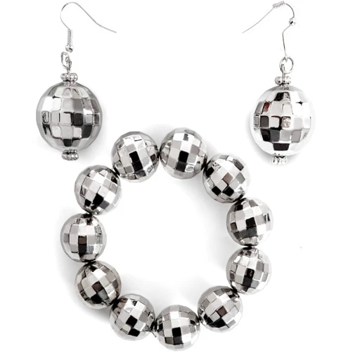 Skeleteen Disco Ball Jewelry Set - 1970s Silver Diva Mirror Balls Costume Bracelet and Earrings Rave Accessories Set for Women and Girls