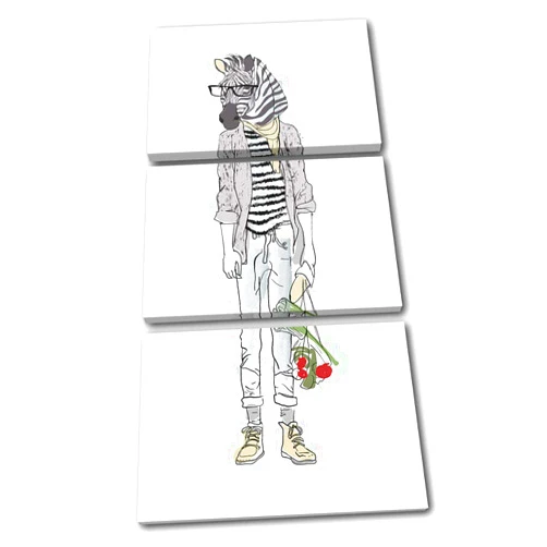 Bold Bloc Design - Hipster Zebra Wild Geek Animals 90x45cm Treble Canvas Art Print Box Framed Picture Wall Hanging - Hand Made in The UK - Framed and Ready to Hang 13-4247(00B)-TR21-PO-A