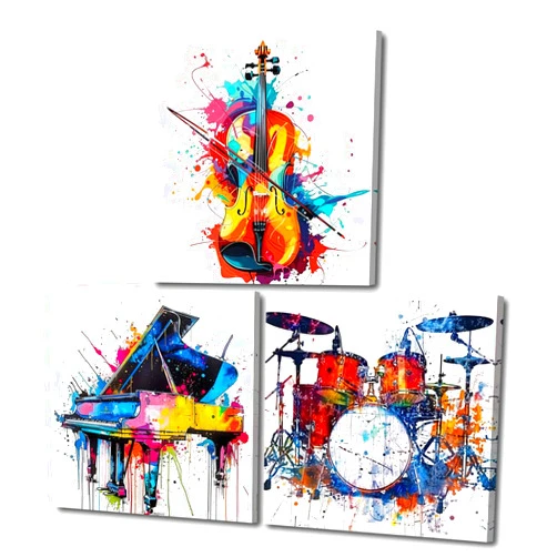 NAMENLAIMI Watercolor Music Instrument Canvas Wall Art 3PCS Piano Guitar Drum Set Picture Wall Art Graffiti Musician Gift Paintings for Home(Music-1,12x12inchx3 Pieces (30x30cmx3 Pieces))