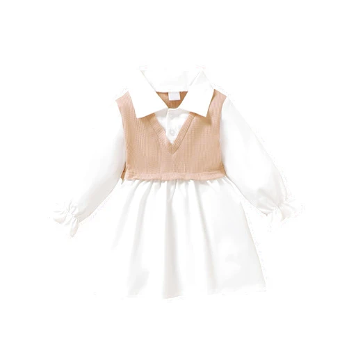 HIGHUZZA Toddler Baby Girl Dress Fall Winter Clothes 2 in 1 Infant Outfit Long Sleeve Button Down Toddler Dress for Girls