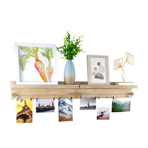 DUCIHBA Set of 2 Wall-Mounted Picture Ledge Shelves - Twine Cords with Metal Clips - Rustic Torched Wood - Farmhouse Gray - for Hanging Photos, Prints, Artwork in Nursery, Living, Bedroom