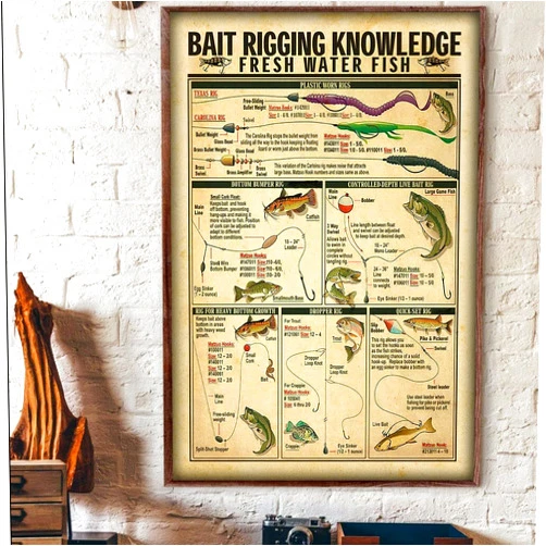 Buywell Metal Vintage Tin Sign Decor Bait Rigging Knowledge Fresh Water Fish Fishing Poster Wall Poster Plaque for Home Kitchen Bar Pub Club Coffee Shop Decor 8x12 Inch