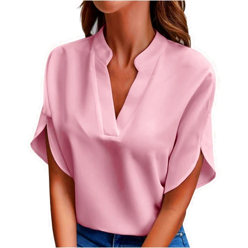 Generic Work Tops for Women V Neck Split Short Sleeve Shirt Business Casual Outfits Office Dress Shirts Ladies Elegant Blouse