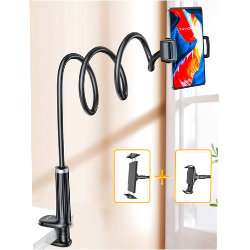 Tryone Gooseneck Phone Holder Tablet Stand for Bed:[Swivel Base] Adjustable Flexible Lazy Arm with 2 Clips Phone Tablet Holder Mount Compatible iPad Pro Air Mini | Kindle | Switch or Other 4-12.9