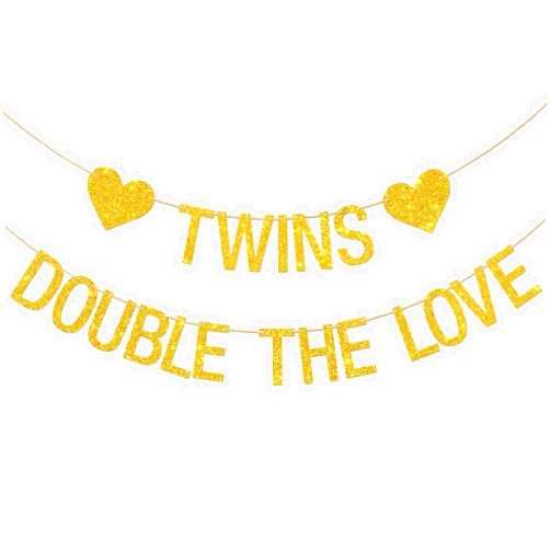 Ambishi Twins Double The Love Banner, Twins Baby Shower/Twins Birthday/Engagement/Wedding Party Decorations (Gold Gliter)