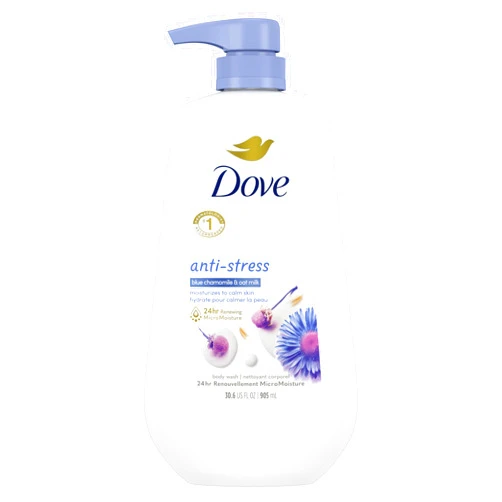 Dove Body Wash with Pump Anti-Stress Blue Chamomile & Oat Milk, for 24hr Lotion-Soft Skin Moisturizing Skin Cleanser with No Sulfates No Parabens 30.6 oz