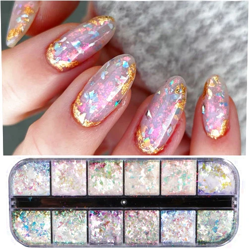 Furimuk Holographic Opal Nail Art Glitter Flakes Powder Aurora Iridescent Pigment Ice Crystal Mermaid Paillettes Sparkly Sequins Design for Manicure Decoration Accessories 12 Grids
