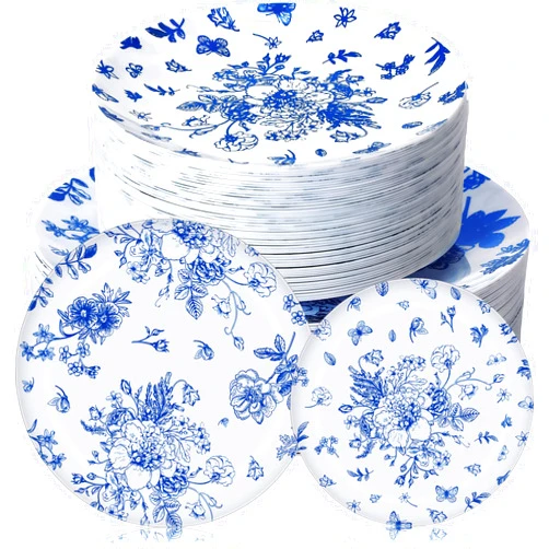 Mifoci 100 Pcs Blue and White Floral Plastic Plates Set for 50 Guests, 50 Pcs 10.25 in Dinner Plates and 50 Pcs 7.5 in Dessert Disposable for Wedding Bridal Baby Shower Tea Party