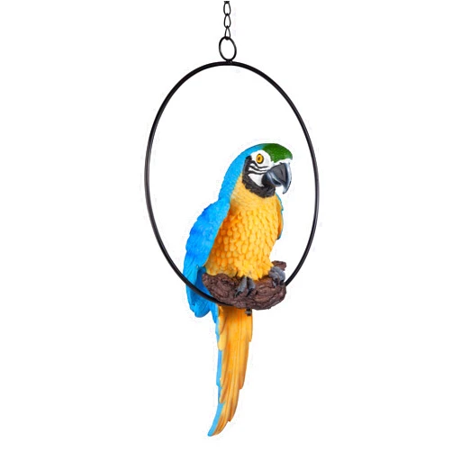 Design Toscano Polly in Paradise Parrot Hanging Bird Ring Perch Indoor/Outdoor Statue, Medium 14 Inch Tall, Cast Stone Resin, Blue Yellow Finish