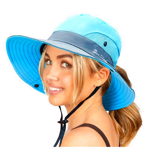 YCMI Womens Summer Sun-Hat Outdoor UV Protection Fishing Hat Wide Brim Foldable-Beach-Bucket-Hat with Ponytail-Hole