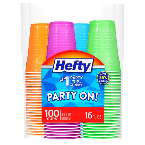 Hefty Party On Disposable Plastic Cups, Assorted, 16 Ounce, 100 Count