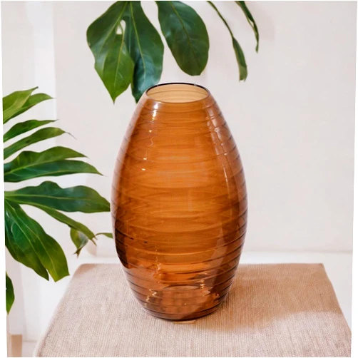 Ornamenta Brown Glass Vase - Handmade Oval Decorative Centerpiece for Living Room, Modern Ribbed Design, Brown Home Decor, Ideal for Floral Arrangements, Wedding Gifts, Minimalist Art, Hand Blown Glass Vase