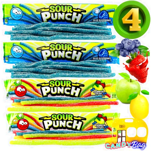 Think Candy (PACK OF 4) Sour Punch Lover’s 4 Flavors Variety - 4 Large Unique Trays of Sour Candy - Sour Punch Bites Straws Tray - Blue Raspberry, Strawberry, Green Apple, Lemon - Assorted Flavors - Included One Resealable Candies ZipBag by Think Candy (BlueRaspberry+Rainbow)