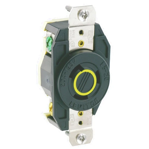 Leviton 2310 20 Amp, 125 Volt, Flush Mounting Locking Receptacle, Industrial Grade, Grounding, V-0-MAX, Black