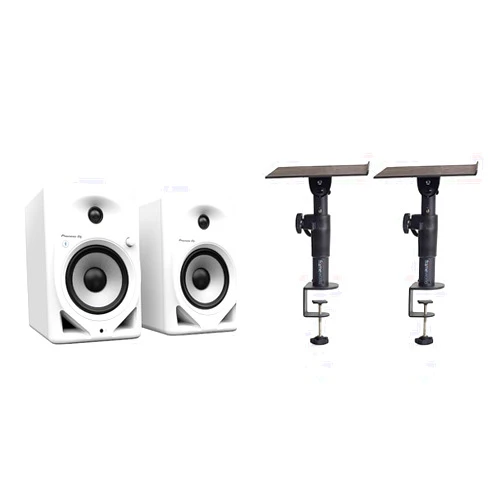 Pioneer DJ DM-50D-BT-W 5-inch Desktop Active Monitor Speaker Pair with Bluetooth - White & Gator Frameworks Desktop Clamp-On Studio Monitor and Speaker Stand - Set of 2 (GFWSPKSTMNDSKCMP)