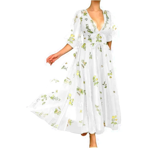 XNVOKI Flower Embroidery Prom Dresses with Puff Sleeves V-Neck Tulle Long Formal Evening Party Dress