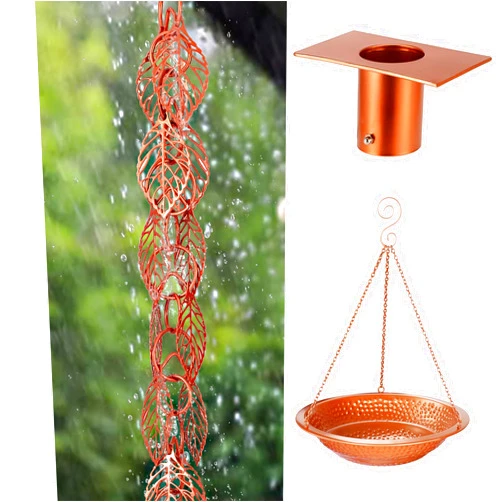 Rifachua 8.5ft Cascading Leaves Rain Chain for Gutters Downspouts Outside with Rain Chain Basin for Gutter Rain Chain Copper