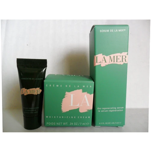 La Mer 3 Pieces Set: The Moisturizing Cream .24 oz / 7ml New in Box + The Radiant Serum .17 oz / 5ml New In Box + The Eye Concentrate .1 oz / 3ml Tube. Deluxe Travel Size Set.