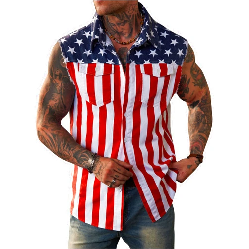 Mainfini Men's American Flag Denim Vest 4th of July Sleeveless Jacket With Pockets (S-XXL)