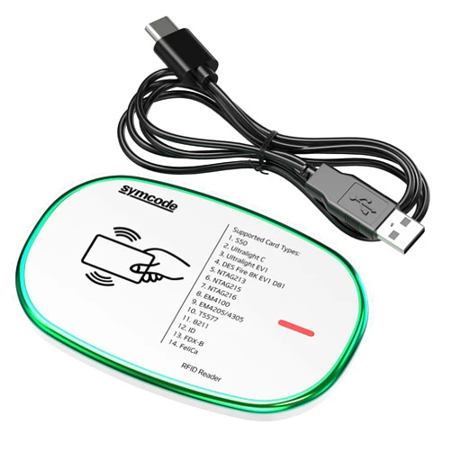 Symcode RFID Reader 125KHz and 13.56Mhz Card USB Reader Plug and Play USB HID Device Emulate Keyboard for Win Linux Android iOS White