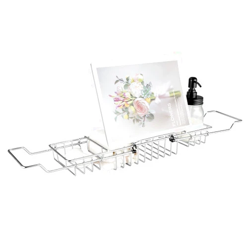 HOMEE Bathtub Tray - Stainless Steel Shower Caddy Tray with Removable Book Holder, European Style Extendable Bathtub Caddy Tray for Shower Bath Phone IPad Book Holder Candleholder Table Shelf - Sliver