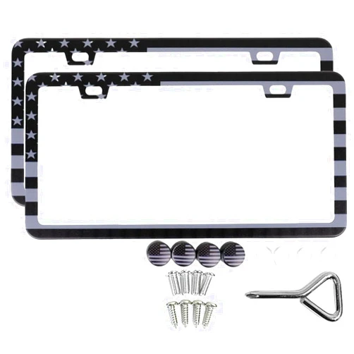 SunplusTrade American Flag License Plate Frame Holder - 2 Pack Universal Matte Stripe US Flag Patriotic Stainless Steel Car Plate Frame Covers with Screws Fasteners Caps (Gunmetal)