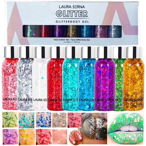 ZHQOJGV 9 Pack Body Glitter Gel, Mermaid Sequin Chunky Glitter Face Hair Nail Lip Glitter Gel Lasting Sparkling Lotion Glitter Liquid Eye Shadow for Festival Birthday Makeup Party