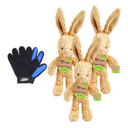 Moofin Dog Toy Organic Cotton, 6-Inch, Large Squeaky Bunny Dog Toy Pet Hair Removing Glove, Durable Rabbit Plush for Fetch & Tug, Rabbit Plush Dog Toy, Assorted Colors [Pack of 3]