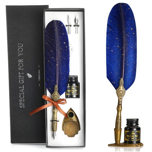 VANGOAL Vintage Carving Feather Pen Set, Glittering Quill Set Antique Calligraphy Writing Dip with Ink, 2 Replacement Nibs, Stand Base, Luxury Signature (Blue)