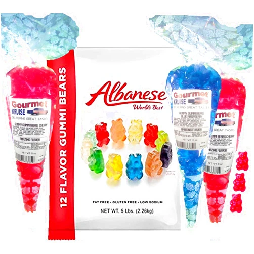 Gourmet Kruise Albanese Gummi Bears-Gummy Bear Bulk 12 Flavors-5lb Bag Plus (2) Red Wild Cherry (1) Blue Raspberry Gummy Bears Gourmet Kruise Gift Bags 11 OZ 4 Bags (2) Item Bundle