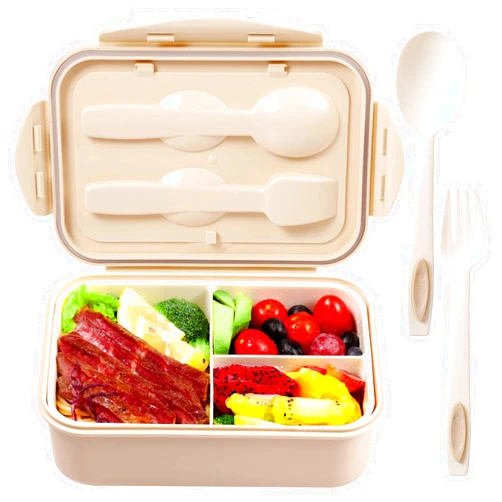 Jeopace Bento Box for Adults Lunch Containers for Kids 3 Compartment Lunch Box Food Containers Leak Proof Microwave Safe(Flatware Included,Khaki)