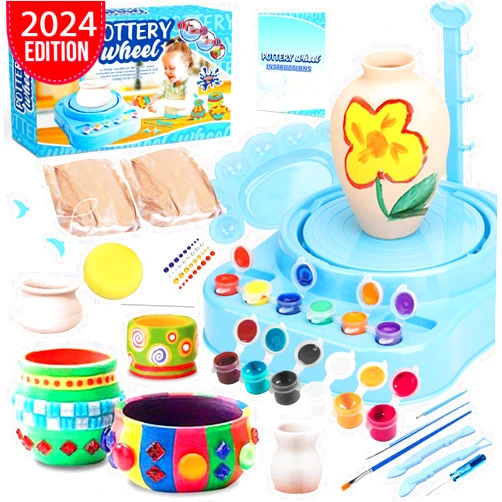 Insnug Mini Kids Pottery Wheel: Complete Painting Kit for Beginners with Modeling Clay and Sculpting Tools, Arts & Crafts Small Banding Wheel for Pottery, Tiny Pottery Wheel for Kids Age 8-12, 10-13