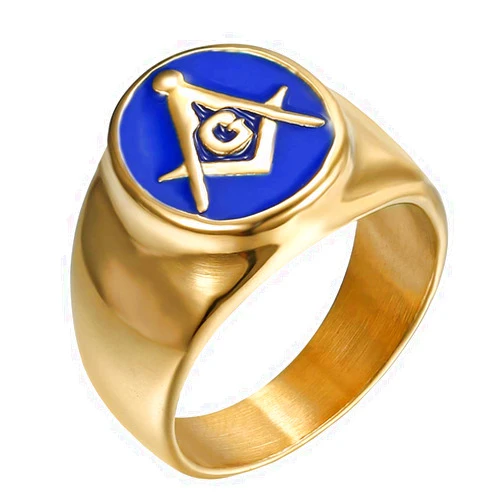 IFUAQZ Men's Stainless Steel Gold Plated Freemason Masonic Rings Blue G Lodge Master Mason Signet Biker Band