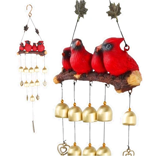 Gardenvy Cardinal Bird Wind Chime, Red Bird Bell Wind Chimes Outdoor Decorations, Garden Backyard Church Hanging Decor, Red
