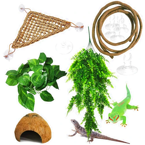 kathson Bearded Dragon Hammock Reptile Plant Hanging Terrarium Boston Plant Jungle Climber Vines Flexible Leaves Lizards Habitat Decor Accessories Coconut Hide for Chameleon Gecko Snakes 5PCS