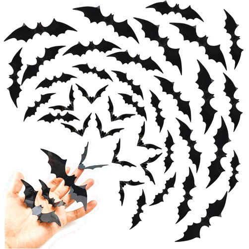 GXXMEI 180PCS Halloween 3D Bats Decoration, 4 Different Sizes Realistic PVC Black 3D Scary Bat Sticker for Home Decor DIY Wall Decal Bathroom Indoor Halloweens Party Supplies
