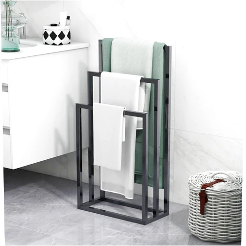 BOFENG 3 Tiers Black Metal Towel Rack Chrome Tall Industrial Modern Freestanding Towel Holder for Bathroom Accessories Organizer for Bath Storage & Hand Towels,Washcloths,Next to Tub or Shower