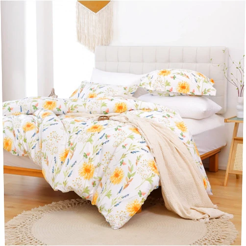 JSD Yellow Floral Duvet Cover Set Queen Size, 3 Piece Spring Printed Microfiber Comforter Covers Zipper Closure
