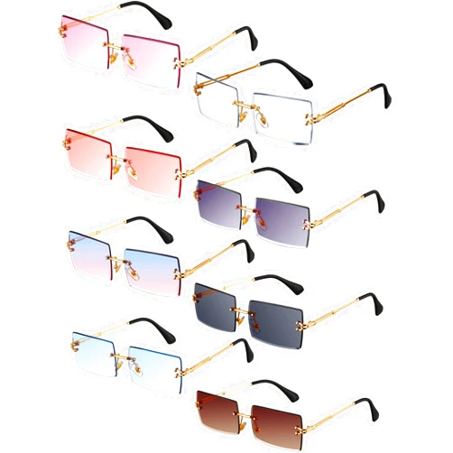 Weewooday 8 Pairs Vintage Rimless Rectangle Sunglasses Tinted Lens Gold Metal Frameless Eyewear Sunglasses for Women Men