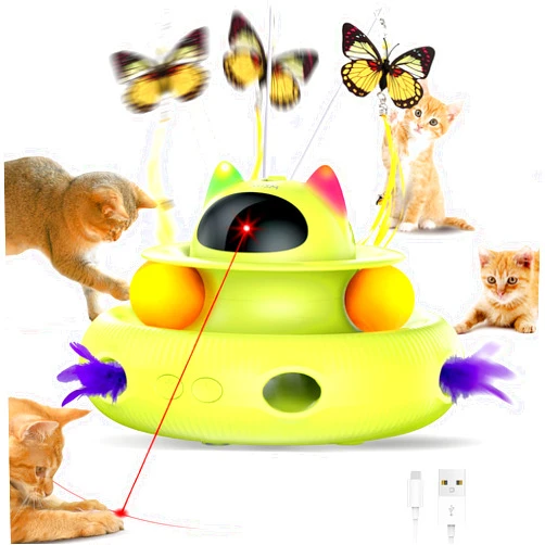 CATISM Cat Toys 4-in-1 Interactive Cat Toy for Indoor Cats,Electronic Automatic Cat Pointer Toys, Cat Feather Toys Track Balls Kitten Toys, Indoor Exercise Cat Wand Toy Green
