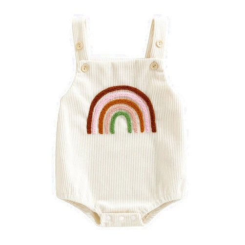 Durveency Newborn Baby Boy Girl Summer Clothes Button Rainbow Embroidery Sleeveless Knitted Romper Corduroy Outfit