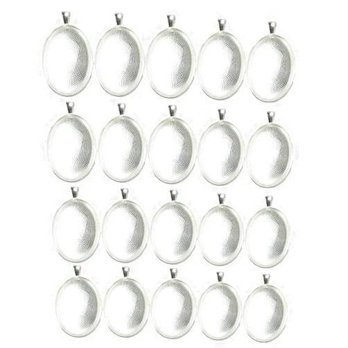 Ximkee 20pcs Oval Pendant Trays with Glass Cabochons 20pcs Glass Dome Tiles Cabochon for Crafting DIY Jewelry Making (Silver, 30 * 40)
