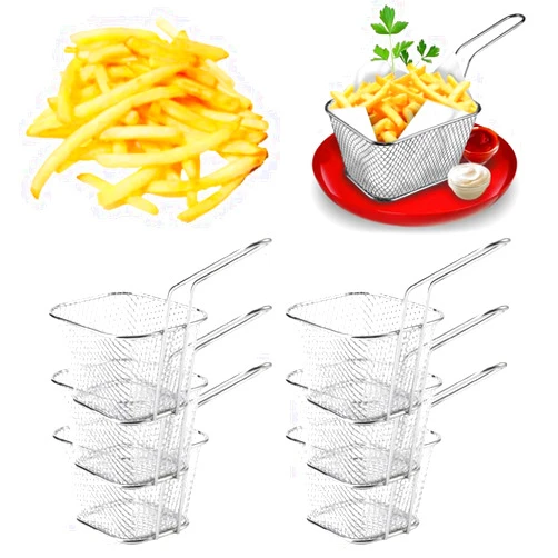 WenffbBou 6 Pcs Mini Square Fry Basket Stainless Steel French Fries Holder Deep Fryer Baskets with Handles, Table Serving Frying Chips Baskets, French Fry Holder for Kitchen Party Barbecue, Silver