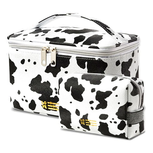 UOIXPUHUO Cow Print Makeup Bag Set of 2, Portable Cow Print Purse Toiletry Bag Cosmetic Case with Handle and Divider, Waterproof Travel Makeup Bag Organizer Large Gift for Women Girls