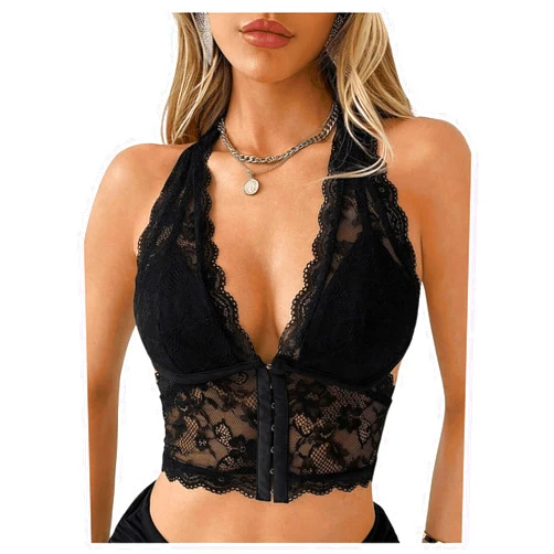 SweatyRocks Women's Sheer Lace Halter Tops Tie Backless Slim Fit Sleeveless Crop Tank Tops