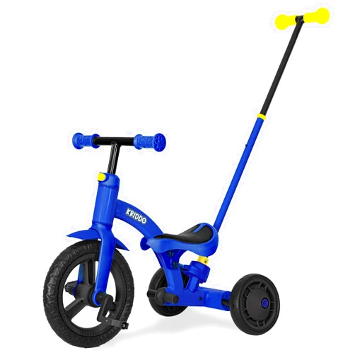 KRIDDO 4-in-1 Kids Tricycle for 1.5 to 3 Yea Old with Parent Steering Push Handle, 12 Inch Front Wheel Trike, Toddler Balance Bike for Boys Girls 18 Months to 3 Years, Adjustable Height, Blue