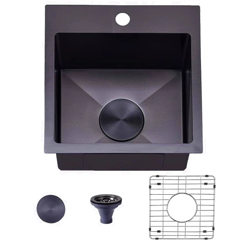 VAPSINT 15x15 Modern Commercial Topmount Drop in Black Bar Sink,Single Bowl Bar Rv Kitchen Sink with Stainless Steel Grid&Strainer