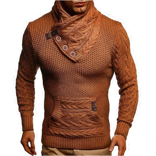 BIANGOD.US.STORE Men's Fall/Winter Fashion Button Rib Knitted Turtleneck Sweaters Solid Pullover Sweatshirt with Pocket