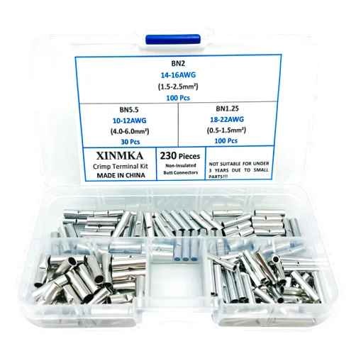 TOCYORIC XINMKA 230 pcs Non-Insulated Butt Connectors 22-18/16-14/12-10 AWG Gauge Uninsulated Electrical Wire Ferrule Cable Crimp Terminal Kit